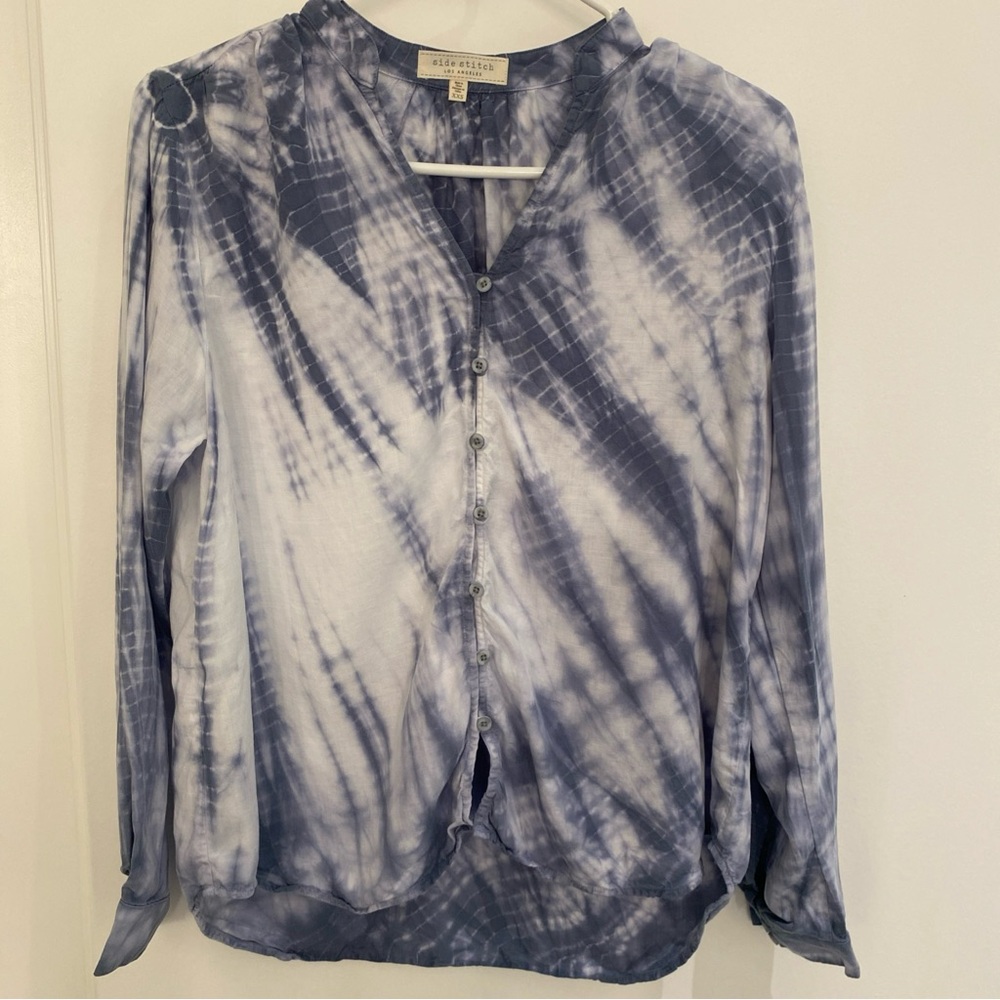 Side Stitch Tencera Button Front Top Blue Tie Dye, XXS, Oversized